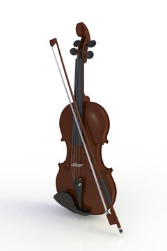 Close up of classical violin with bow isolated on white background, String instrument, 3d rendering