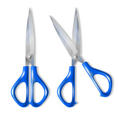 Vector realistic set of scissors with blue plastic handles, with open and closed blades, isolated on background. Professional cutting tool for tailors and barbers, metal instrument for hobby and craft