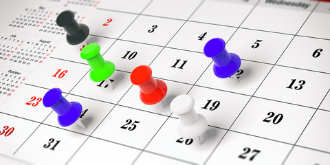 Colorful push pins, on a calendar background. 3d illustration.