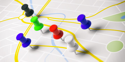 Colorful push pins, on a map background. 3d illustration.
