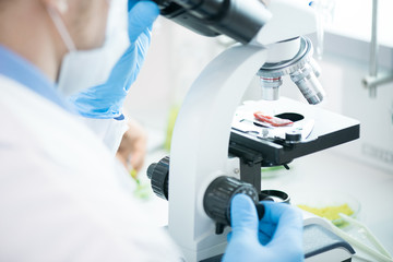 Closeup of unrecognizable scientist using microscope while doing research in medical  laboratory