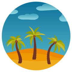 Cartoon nature landscape with three palms in the desert in circle. Vector illustration.
