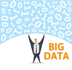 Digital environment. Strong man holding bulk of big digital data above his head on white background. Flat vector illustration.