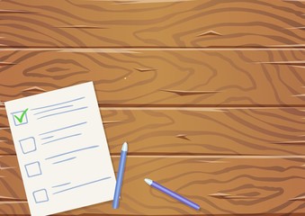 Wooden table with paper list and pencils, top view. Copyspace. Flat vector illustration. Horizontal.