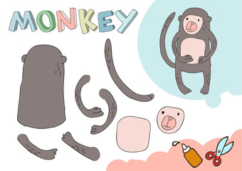 Funny Monkey Paper Model. Small home craft project, DIY paper game. Cut out and glue. Cutouts for children. Vector template.