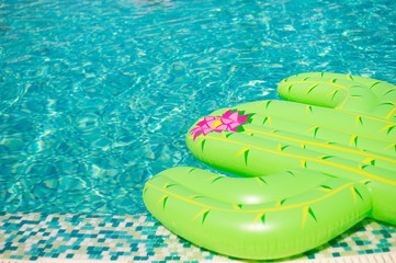 Colorful inflated cactus floating in a refreshing blue swimming pool