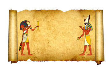 Old parchment with Egyptian gods images Toth and Horus