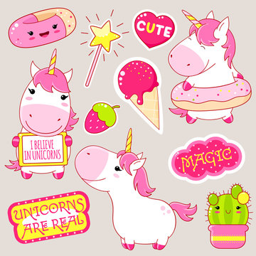 Set of cute unicorns stickers in kawaii style