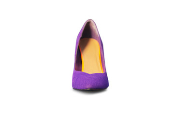 Comfortable footwear. The front view of a beautiful purple pump with a high heel being isolated on a white background
