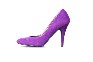 Model footwear. The side view of a pretty purple pump with a high heel standing isolated on a white background