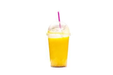 Healthy juice. The full length shot of a delicious healthy orange juice being in a plastic cup with a straw, isolated on a white background