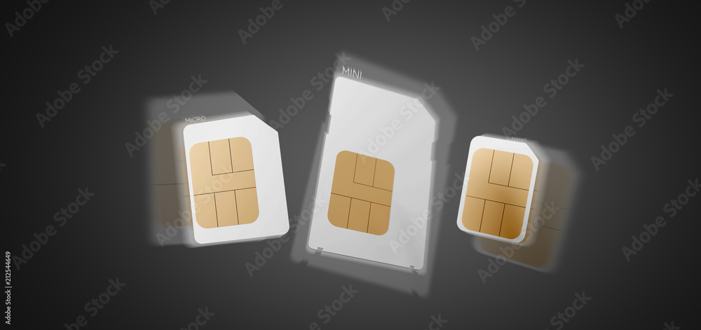 Poster Different size of a smartphone sim card 3d rendering