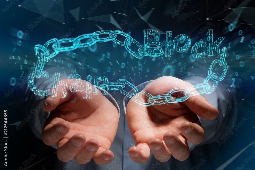 Poster blockchain title with a cahin made of data number - 3d render