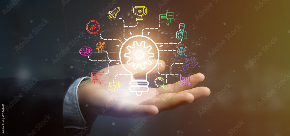 Poster businessman holding a bulb lamp idea concept with start up icon connected 3d rendering