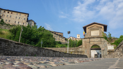 Fototapeta na wymiar Bergamo, Italy. Landscape on the old gate named Porta San Lorenzo, one of the four access doors to the old city