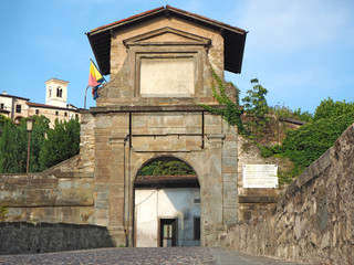 Fototapeta na wymiar Bergamo, Italy. Landscape on the old gate named Porta San Lorenzo, one of the four access doors to the old city