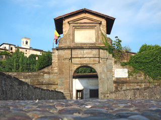 Bergamo, Italy. Landscape on the old gate named Porta San Lorenzo, one of the four access doors to the old city