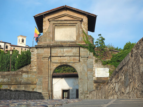 Bergamo, Italy. Landscape on the old gate named Porta San Lorenzo, one of the four access doors to the old city