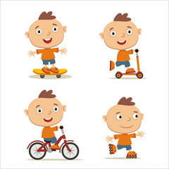 Set of isolated funny boy on bike, skateboard, scooter and roller skates.