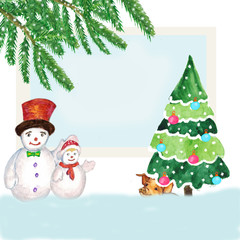 Watercolor. Christmas picture with snowmen, yellow pig under the tree