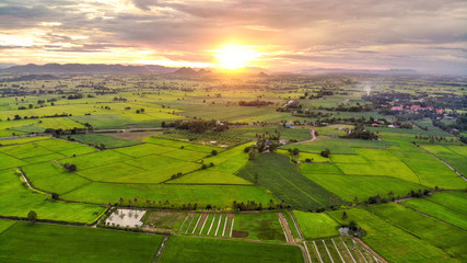Fototapeta na wymiar Panorama of aerial view at sunset over mountain on rice fields