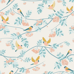 Bullfinches on mountain ash, fly, sit. seamless pattern. orange colors, warm colors