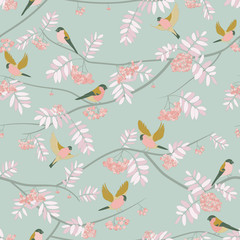 Bullfinches on mountain ash, fly, sit. seamless pattern. orange colors, warm colors