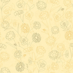 Floral seamless pattern with wild flowers. Illustration in vintage style for decoration fabrics, textiles, paper, wallpaper. chamomile, cornflower, cosme, pansies.