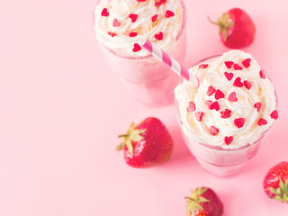 Strawberry milkshake or smoothie and fresh raw berries
