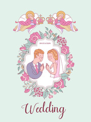 Happy weddings. The bride and groom get married. Wedding card, wedding invitation, wedding in the Church.