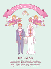 Happy weddings. The bride and groom get married. Wedding card, wedding invitation, wedding in the Church.