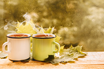 Cup of tea at a rainy window autumn mood day leaf