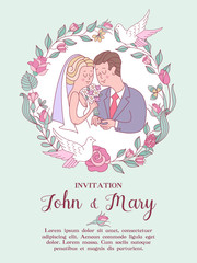 Wedding invitation. Lovely wedding card with the bride and groom. Vector illustration.