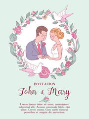 Wedding invitation. Lovely wedding card with the bride and groom. Vector illustration.
