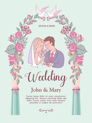 Wedding invitation. Lovely wedding card with the bride and groom. Vector illustration.