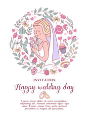 Wedding invitation. Beautiful wedding card with a beautiful bride with a bouquet in her hand. Vector illustration.