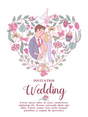 Wedding invitation. Lovely wedding card with the bride and groom. Vector illustration.