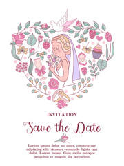 Wedding invitation. Beautiful wedding card with a beautiful bride with a bouquet in her hand. Vector illustration.