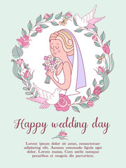 Obraz na płótnie Canvas Wedding invitation. Beautiful wedding card with a beautiful bride with a bouquet in her hand. Vector illustration.