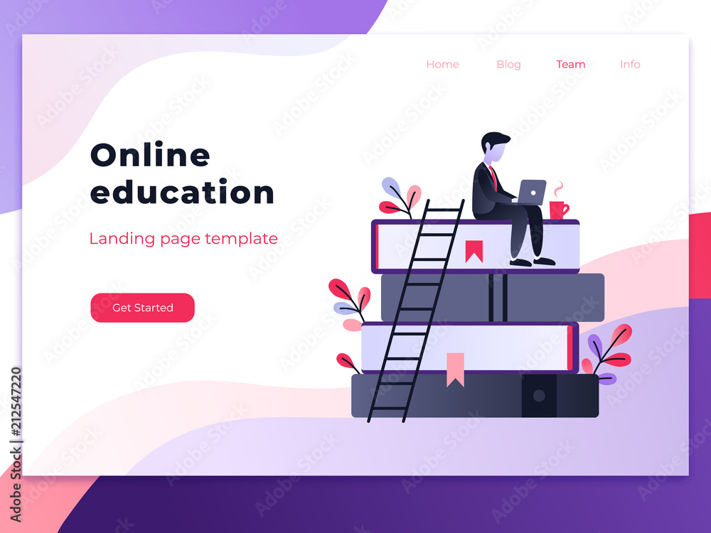 Poster landing page template of online education. modern flat design concept of web page design for website