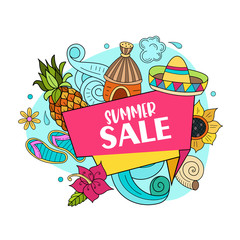 Fototapeta premium Summer sale. Bright colorful advertising poster. Illustration in cartoon style.