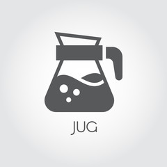 Jug glyph icon. Decanter of water, coffee, milk or other abstract beverage. Pitcher label in flat design. Food and drink series. Graphic logo or button. Vector illustration