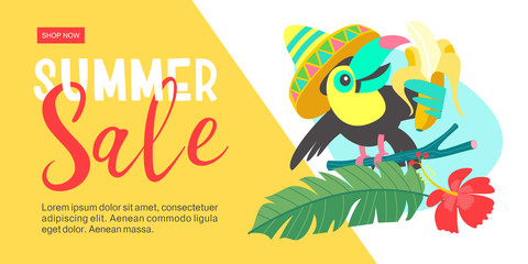 Bright vector illustration. Summer sale. Funny Toucan and banana.