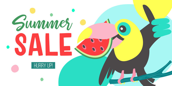 Big summer sale. Bright vector poster. Cheerful Toucan with a piece of watermelon invites you to a sale.