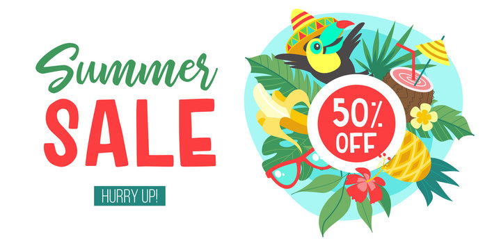 Summer sale. Bright colorful advertising poster. Cheerful Toucan in a Mexican hat invites you to a sale. Illustration in cartoon style.