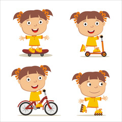 Set of isolated funny girl on bike, skateboard, scooter and roller skates.