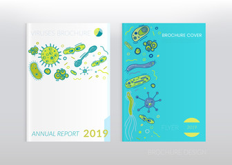Hand drawn germ and bacteria brochure cover set for disease viruses flyers, brochures. Colorful flat vector illustration on dark background.
