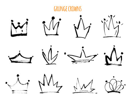 Grunge hand drawn crowns Isolated black icons. Strokke Vector illustration for modern design