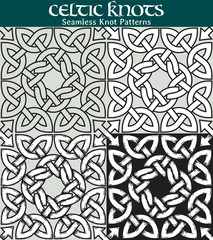 Seamless Knot Pattern. 4 different versions of a seamless pattern with Celtic knots: with white filling, without filling, with shadows and with a black background.