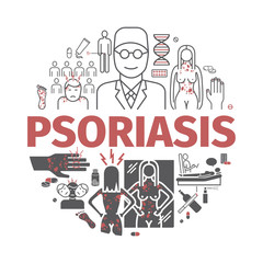 Psoriasis banner. Symptoms, Treatment. Vector illustration.